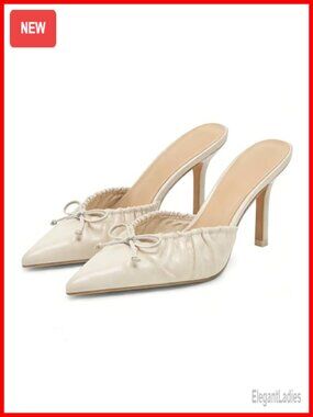 Kitten Heels Pointed Toe Stiletto Pumps Bow Mules Dressy Slip On Shoes 3.1 Inch